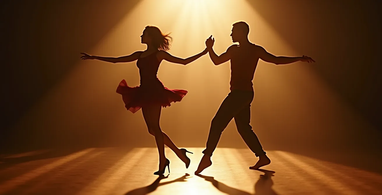 Zwei Silhouetten in Tanzbewegung, ihre Energien treffen sich, umgeben von rhythmischen Mustern.
