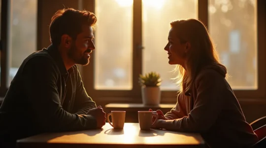 Zwei Menschen in einem intimen Gesprach, ihre volle Aufmerksamkeit auf einander, nonverbale Verbindung und emotionale Naehe