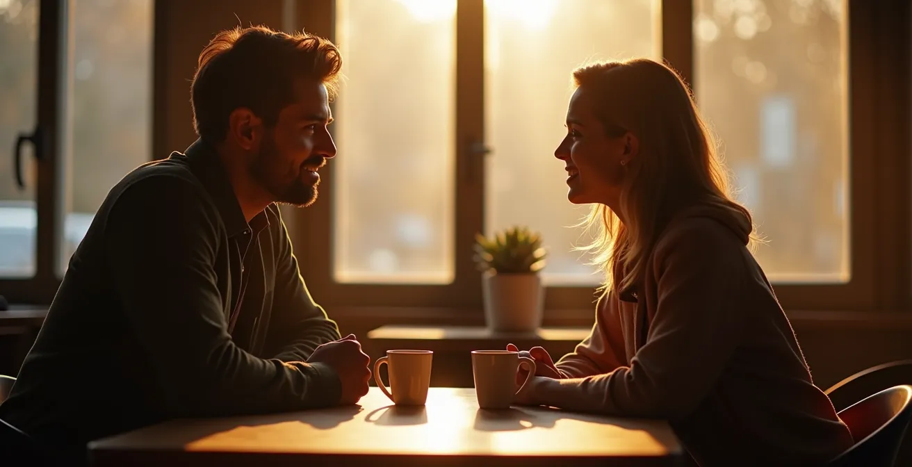 Zwei Menschen in einem intimen Gesprach, ihre volle Aufmerksamkeit auf einander, nonverbale Verbindung und emotionale Naehe