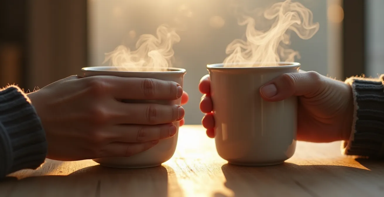 Detailaufnahme eines Paares bei der gemeinsamen Kaffeezeremonie am Morgen mit dampfenden Tassen in einem minimalistisch eingerichteten deutschen Wohnzimmer