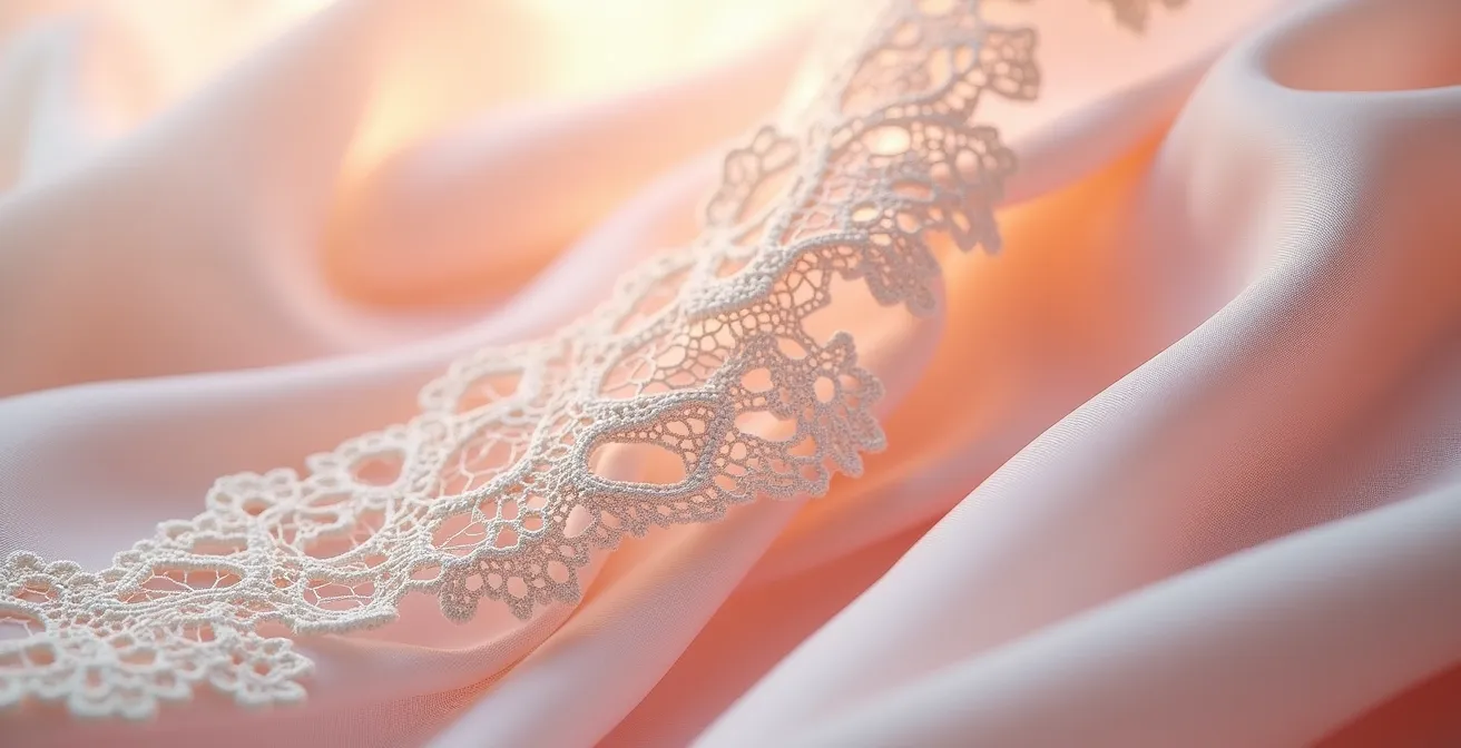 Nahaufnahme von hochwertiger Spitze und Seide, die die taktilen Qualitäten und die intime Schönheit von Lingerie hervorhebt.