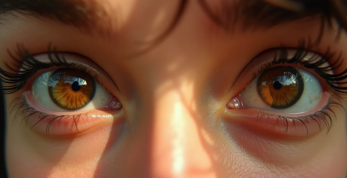 Nahaufnahme zweier Augen, die sich intensiv treffen, mit warmem Licht und subtiler emotionaler Verbindung, das Konzept des bedeutungsvollen Blicks visualisierend.