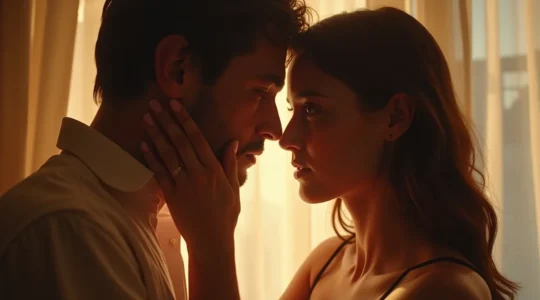 Ein intimer Moment zwischen zwei Personen, die sich in die Augen schauen, während warmes Licht ihre Gesichter sanft erhellt und eine tiefe emotionale Verbindung ausdrückt.