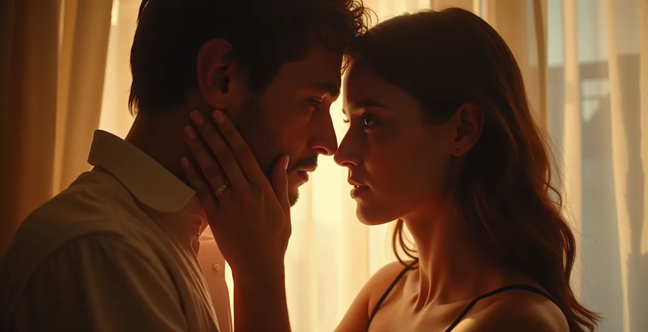 Ein intimer Moment zwischen zwei Personen, die sich in die Augen schauen, während warmes Licht ihre Gesichter sanft erhellt und eine tiefe emotionale Verbindung ausdrückt.