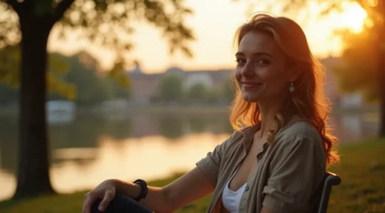 Porträt einer Frau in natürlicher Umgebung, die Authentizität und innere Sicherheit ausstrahlt, ohne Fassade