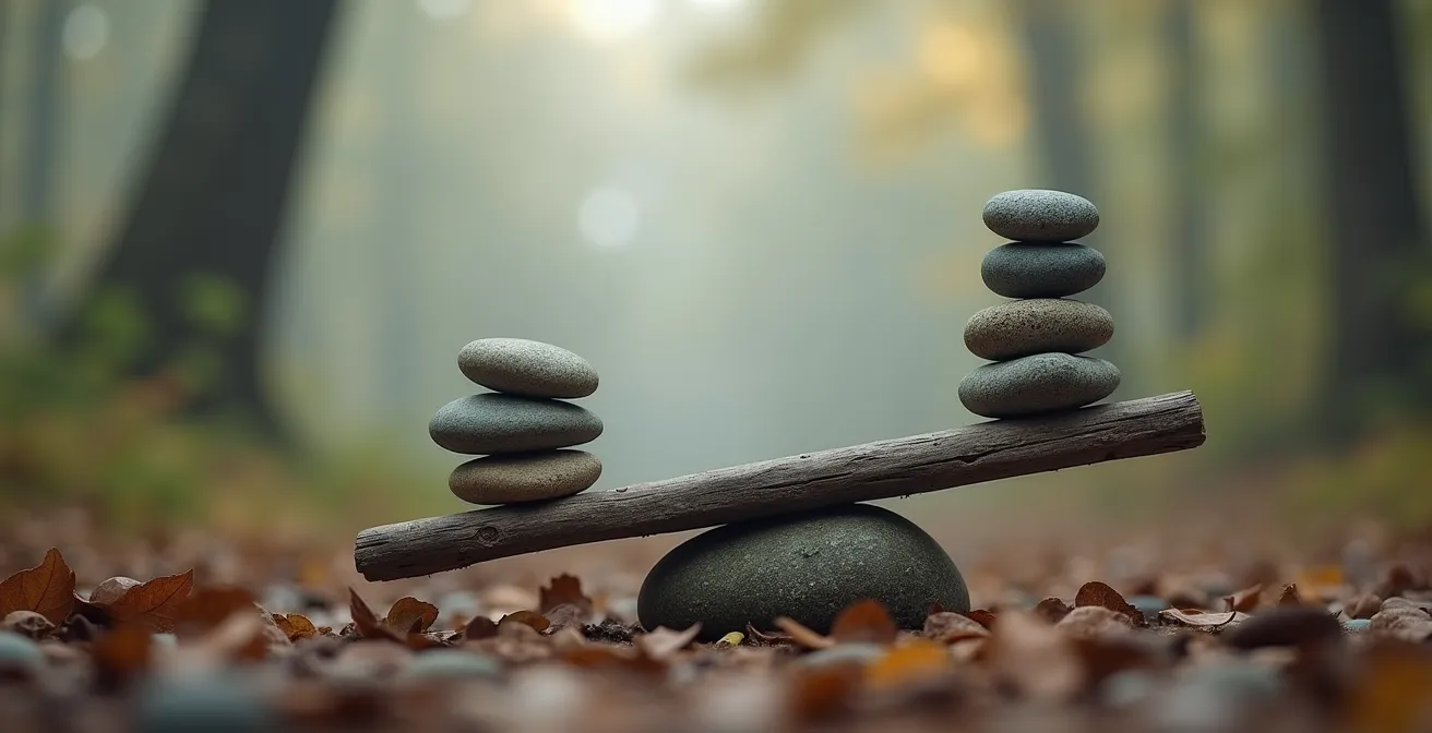 Abstrakte Darstellung des Gleichgewichts zwischen Autonomie und Bindung in Form von zwei aufeinander balancierenden Steinen.