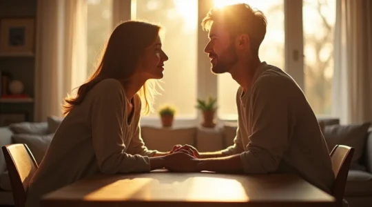 Ein Paar, das sich in einem ruhigen, warm beleuchteten Raum gegenübersteht und sich mit offenen Blicken anschaut, während symbolische Elemente wie Pflanzen oder Licht ihre emotionale Verbindung und gemeinsames Wachstum visualisieren.