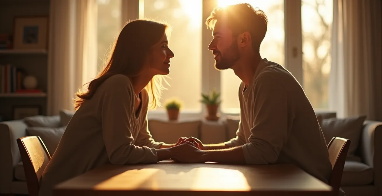 Ein Paar, das sich in einem ruhigen, warm beleuchteten Raum gegenübersteht und sich mit offenen Blicken anschaut, während symbolische Elemente wie Pflanzen oder Licht ihre emotionale Verbindung und gemeinsames Wachstum visualisieren.