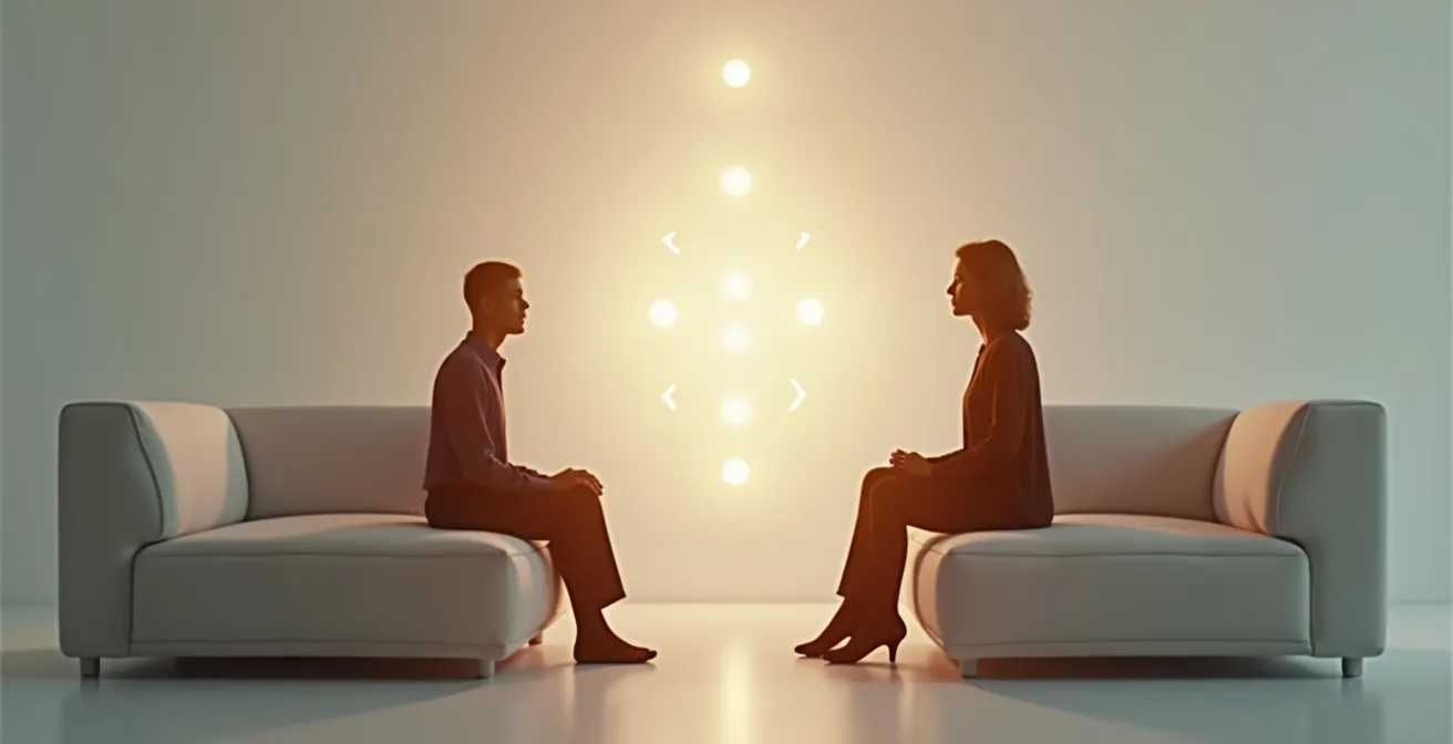 Zwei Menschen führen ein offenes, respektvolles Gespräch mit Augenkontakt und ruhiger Körpersprache