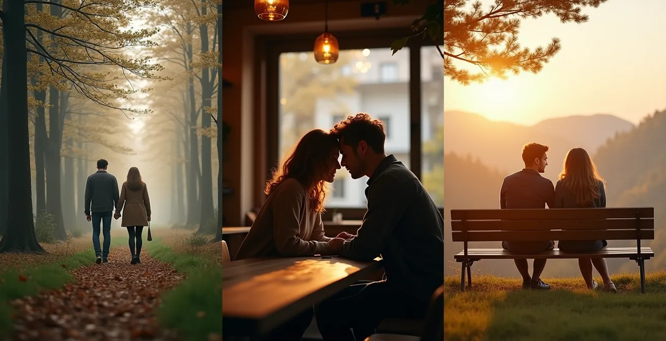 Verschiedene deutsche Date-Szenarien: Spaziergang im Wald, gemütliches Cafe, Parks mit unterschiedlichem emotionalen Potenzial