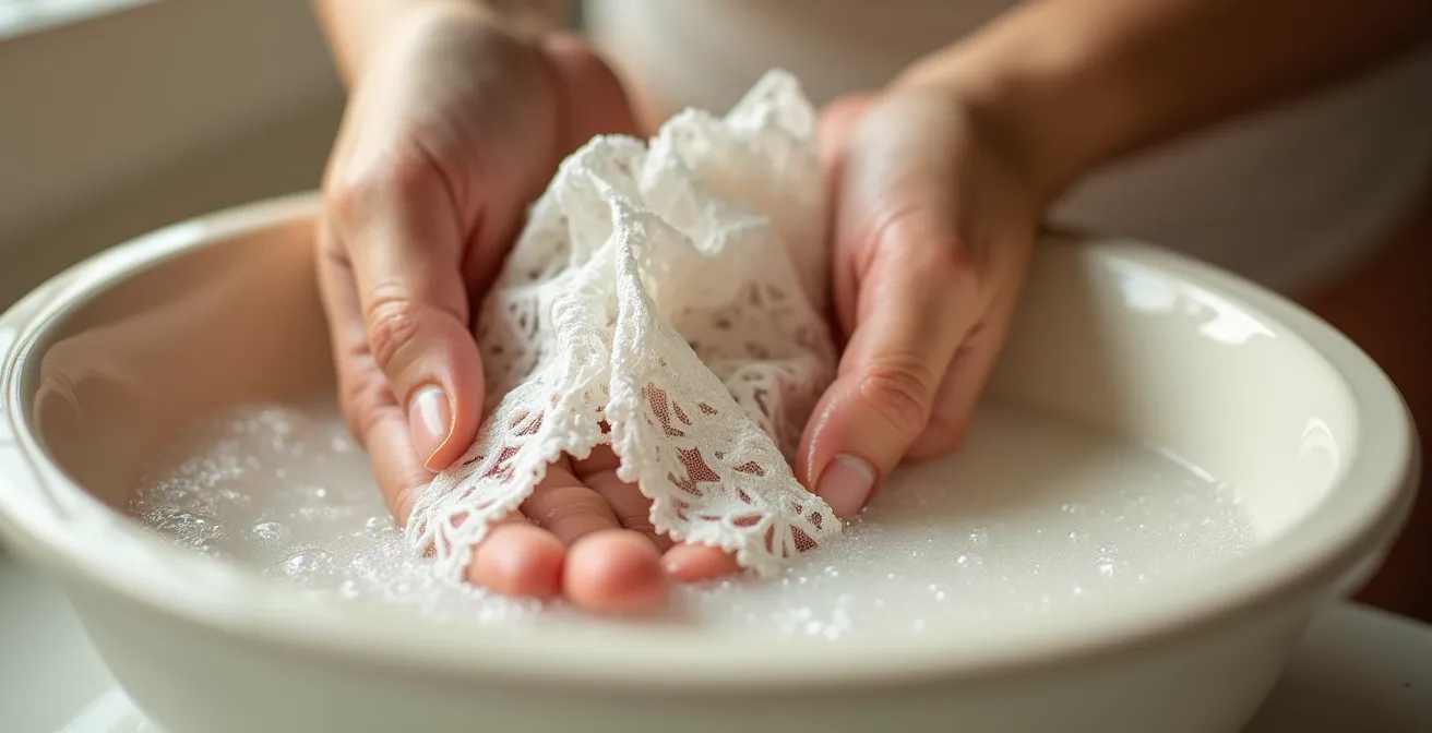 Nahaufnahme von pflegender Handwäsche empfindlicher Spitzendessous