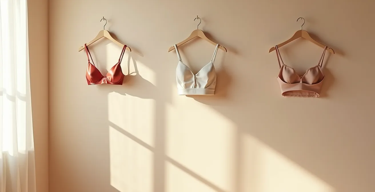 Verschiedene Dessous-Stile, die unterschiedliche Persönlichkeits-Archetypen repräsentieren, kunstvoll auf neutralem Hintergrund arrangiert.
