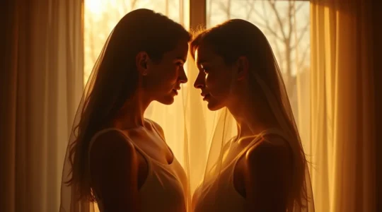 Weibliche und männliche Silhouetten in poetischer Nähe mit subtilen Lichtspielen, die emotionale Tiefe und stille Kommunikation ausdrücken