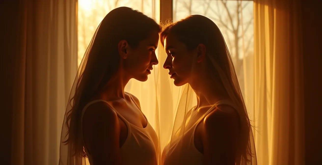 Weibliche und männliche Silhouetten in poetischer Nähe mit subtilen Lichtspielen, die emotionale Tiefe und stille Kommunikation ausdrücken
