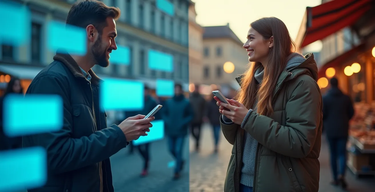 Split-Screen: Links ein Smartphone mit Chat-Konversation, rechts zwei Menschen in offener, entspannter Körpersprache in einem öffentlichen Raum