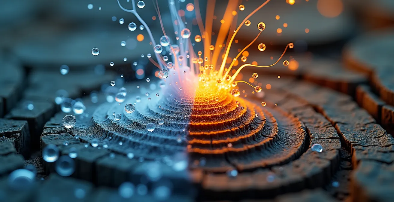 Makrofotografie von zwei kontrastierenden Texturen: schnelle, nervöse Muster vs. ruhige, stabile Strukturen