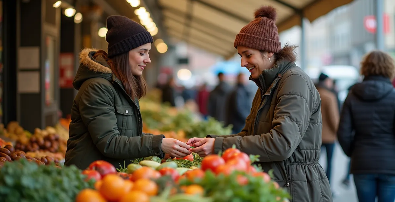 Zwei Personen beim gemeinsamen Einkauf auf einem deutschen Wochenmarkt, in natürlichem, alltäglichem Kontext ohne Inszenierung