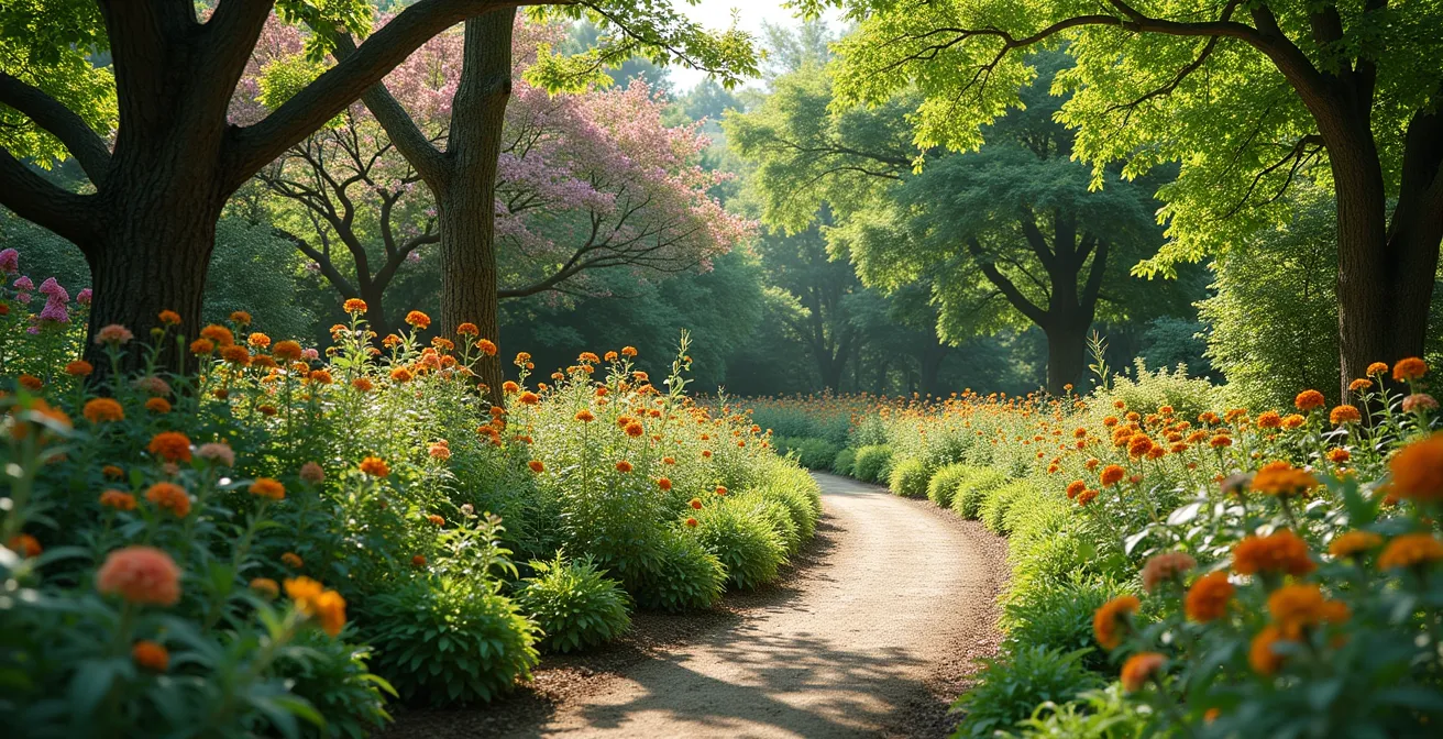 Ein Garten im Wandel der Jahreszeiten – vom Wilde, ungezähmte Frühjahrsblüten zu gepflegten Sommergarten-Arrangements, zeigt visuell den Übergang von Eroberung zu achtsamer Pflege.
