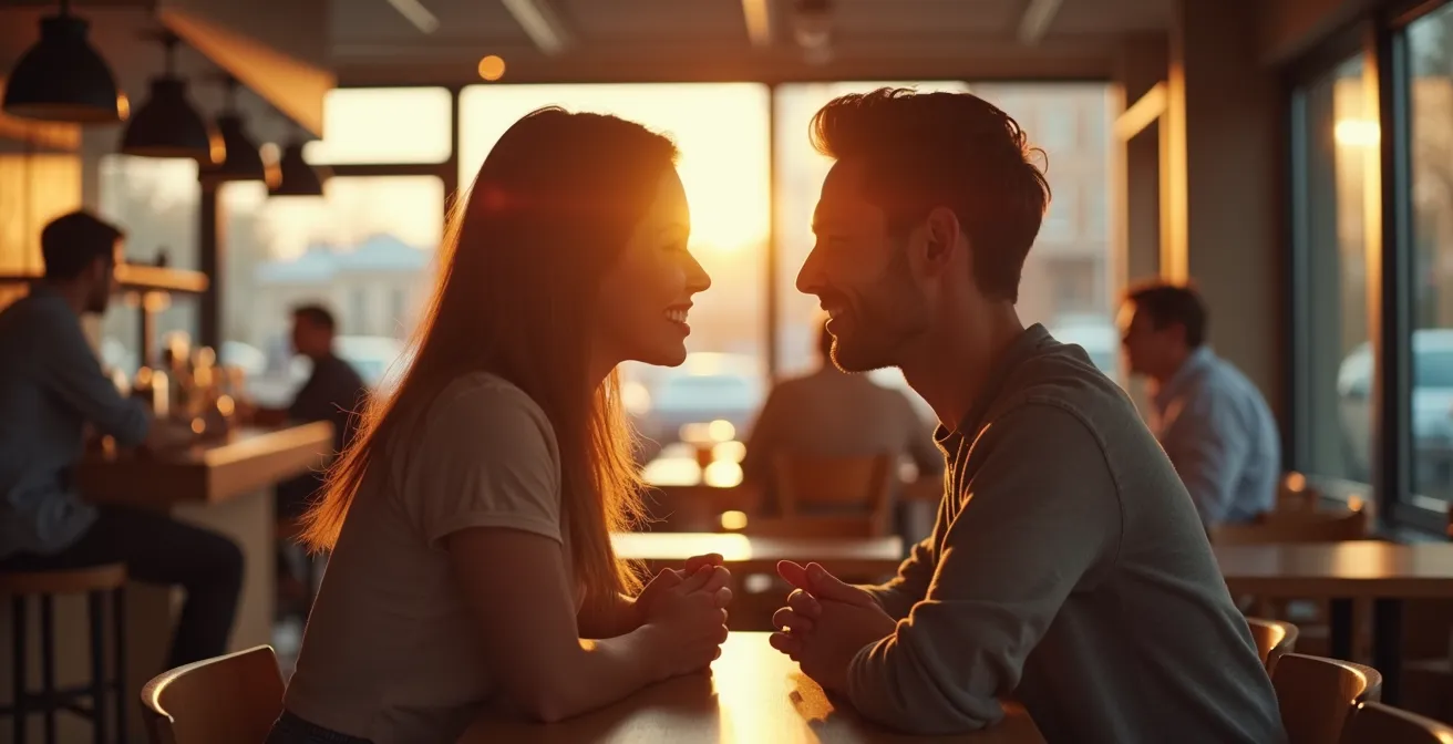 Zwei Menschen treffen sich in einem café, Augenkontakt und natürliches Lächeln teilen einen Moment authentischer Verbindung