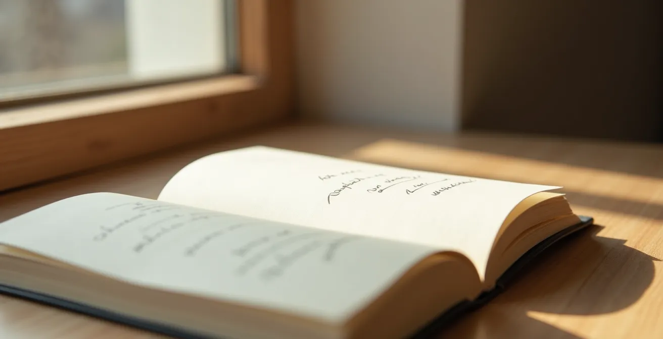 Nahaufnahme eines aufgeschlagenen Tagebuchs mit verschwommenen Handschrift-Linien, Licht fällt durch Fenster - minimalistische deutsche Raumeinrichtung im Hintergrund
