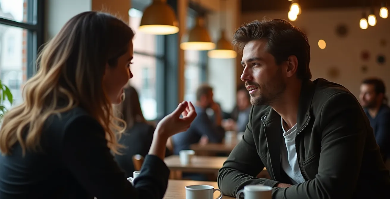 Zwei Menschen im vertrauensvollen Gespräch in einem gemütlichen Café