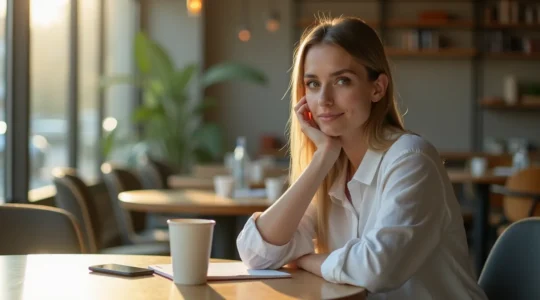 Eine Frau in einem modernen Café sitzt aufmerksam und drückt ihre klare Absicht einer ernsthaften Beziehung aus, mit offener Körpersprache und konzentriertem Blick.