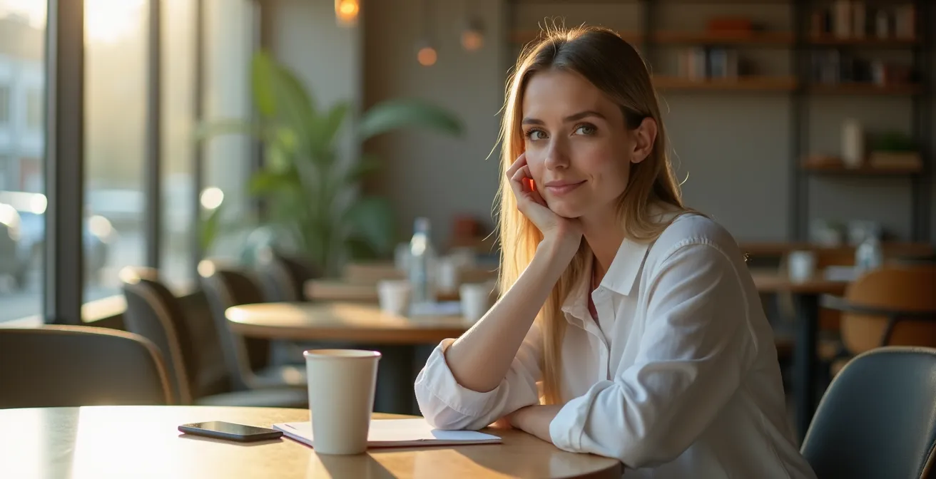 Eine Frau in einem modernen Café sitzt aufmerksam und drückt ihre klare Absicht einer ernsthaften Beziehung aus, mit offener Körpersprache und konzentriertem Blick.