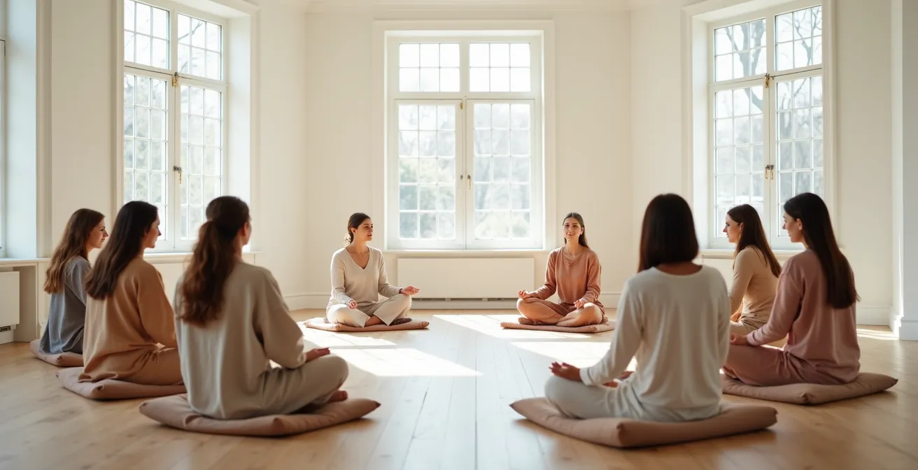 Frauen sitzen in einem Kreis in einem hellen Raum und teilen einen Moment der Verbundenheit