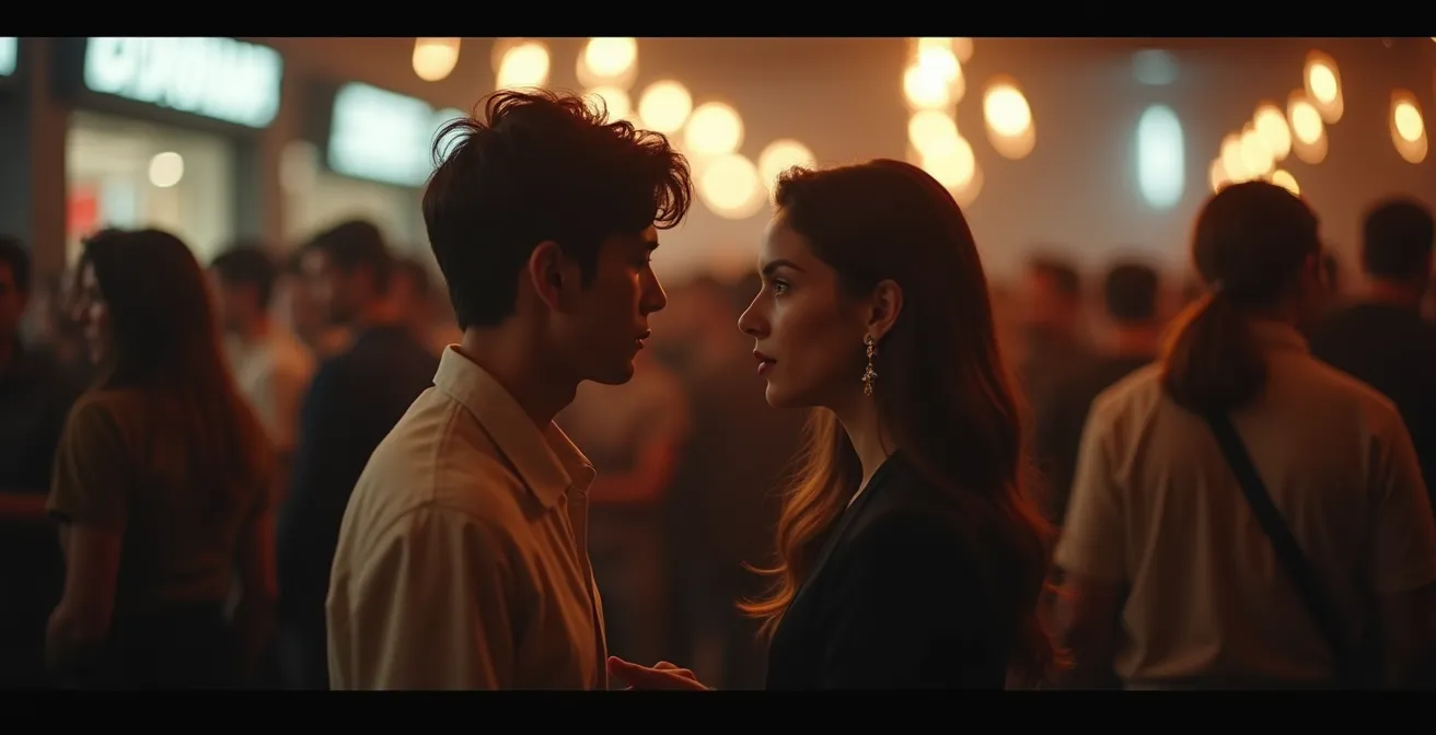 Zwei Personen in einem belebten öffentlichen Raum, die sich über eine Entfernung einen verschwörerischen, intimen Blick zuwerfen, während die Umgebung unscharf verschwimmt und den privaten Moment betont.