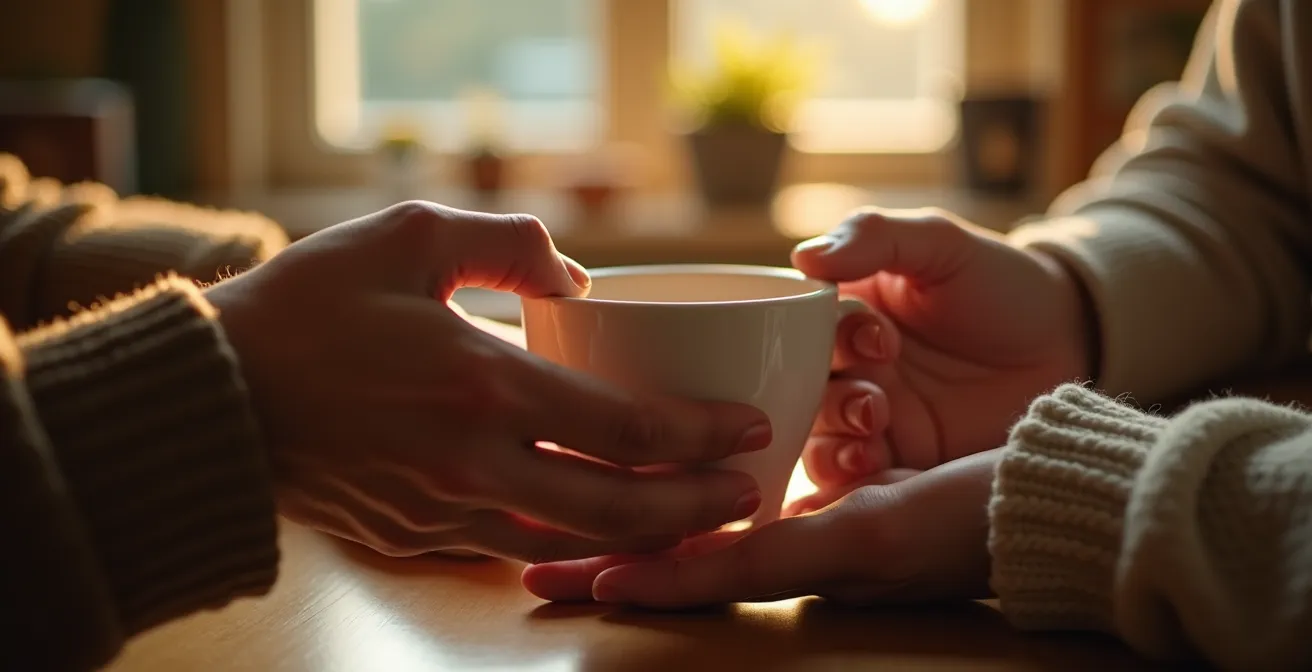 Zwei Hände berühren sich sanft bei einer gemeinsamen Tasse Tee oder Kaffee, suggerierend Kommunikation, Präsenz und absichtliche Verbindung.