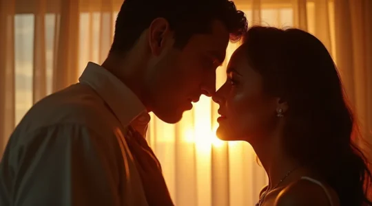 Ästhetische Nahaufnahme zweier Menschen, deren Blicke sich intensiv treffen, mit subtilen Lichtspielen, die Verlangen und tiefe emotionale Verbindung ausdrücken.