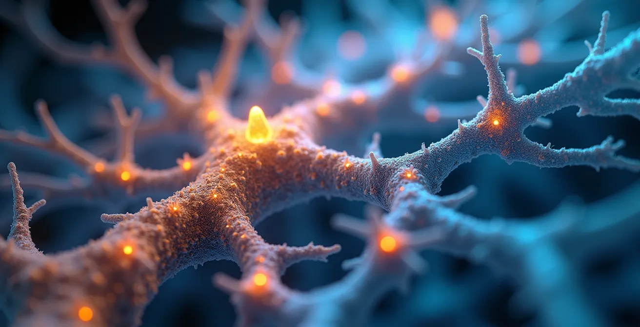 Abstrakte makrofotografische Darstellung von Neuronen und Synapsen mit leuchtenden Partikeln, die chemische Botenstoffe symbolisieren.
