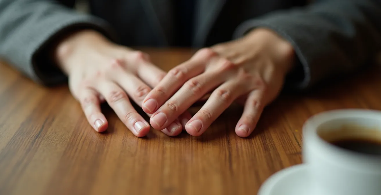 Nahaufnahme zweier Hände, die sich sanft berühren während eines tiefen Gesprächs
