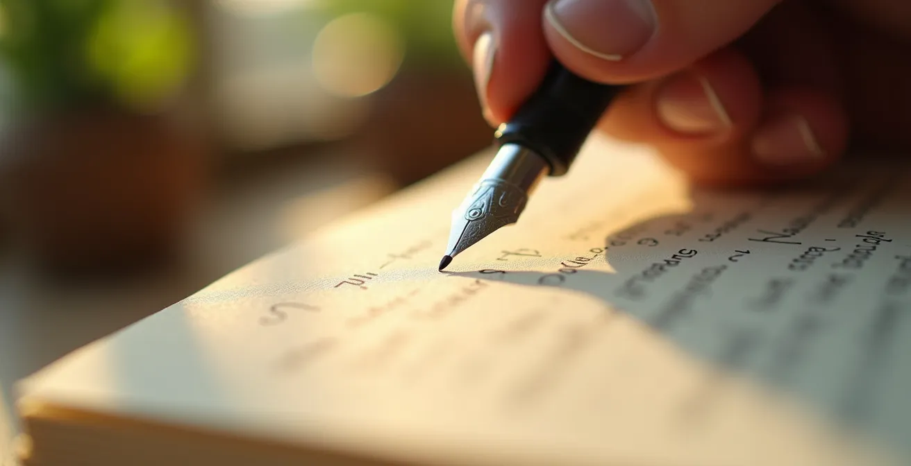 Nahaufnahme einer Hand beim achtsamen Schreiben in ein Tagebuch mit warmem Licht
