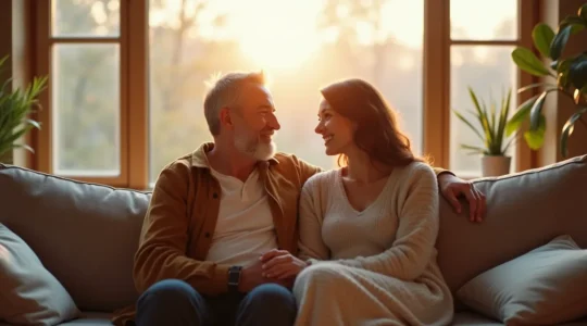 Ein Paar mittleren Alters sitzt sich auf einer gemütlichen Couch gegenüber in sanftem Licht, lächelt sich an und hält sich die Hände, Symbole für Wiederverbindung und erneuerte Intimität