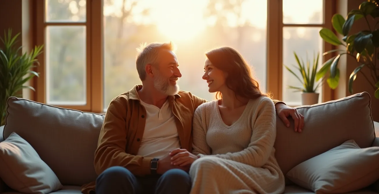Ein Paar mittleren Alters sitzt sich auf einer gemütlichen Couch gegenüber in sanftem Licht, lächelt sich an und hält sich die Hände, Symbole für Wiederverbindung und erneuerte Intimität
