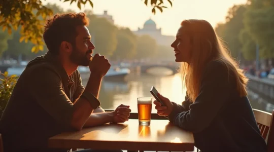 Zwei Menschen in entspanntem Gespräch beim ersten Treffen, authentisch und offen miteinander verbunden, in natürlicher Umgebung.