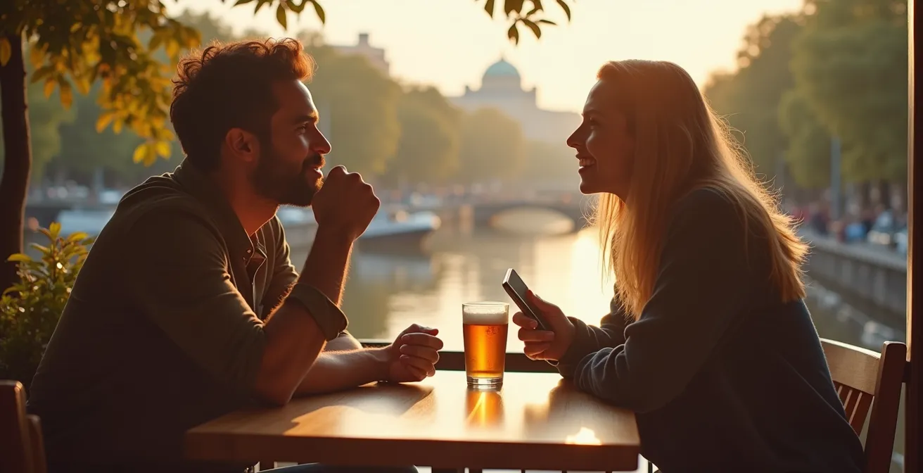 Zwei Menschen in entspanntem Gespräch beim ersten Treffen, authentisch und offen miteinander verbunden, in natürlicher Umgebung.
