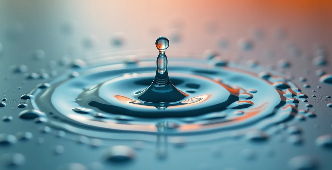 Makroaufnahme von Wassertropfen auf einer Oberfläche, die sich wellenförmig ausbreiten und multiplizieren – visuell der Zinseszinseffekt kleiner Gesten über Zeit.