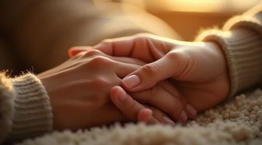 Nahaufnahme zweier Hände, die sich sanft berühren, mit warmer Beleuchtung und unscharfem Hintergrund, symbolisiert emotionale Intimität und kontinuierliche Verführung in Langzeitbeziehungen.