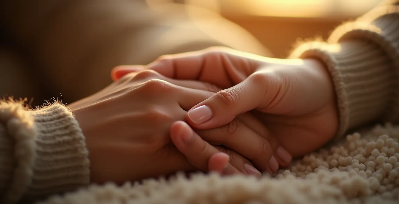 Nahaufnahme zweier Hände, die sich sanft berühren, mit warmer Beleuchtung und unscharfem Hintergrund, symbolisiert emotionale Intimität und kontinuierliche Verführung in Langzeitbeziehungen.