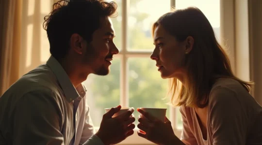 Ein Paar in aufmerksamer Unterhaltung unter weichen, natürlichen Lichtverhältnissen, das tiefgründige emotionale Verbindung symbolisiert.