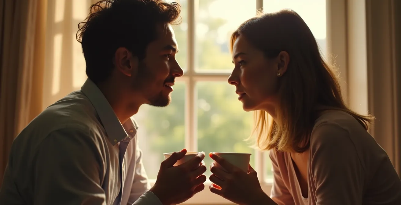 Ein Paar in aufmerksamer Unterhaltung unter weichen, natürlichen Lichtverhältnissen, das tiefgründige emotionale Verbindung symbolisiert.