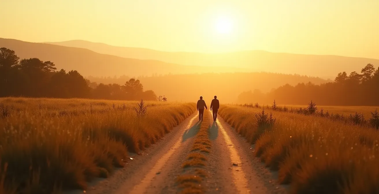 Ein minimalistisches, weites Bild zeigt zwei Silhouetten auf einem Pfad durch ein wechselndes Landschaftsszenario (von Frühling über Herbst), symbolisierend die verschiedenen Phasen einer Beziehung und gemeinsamen Wandlung.