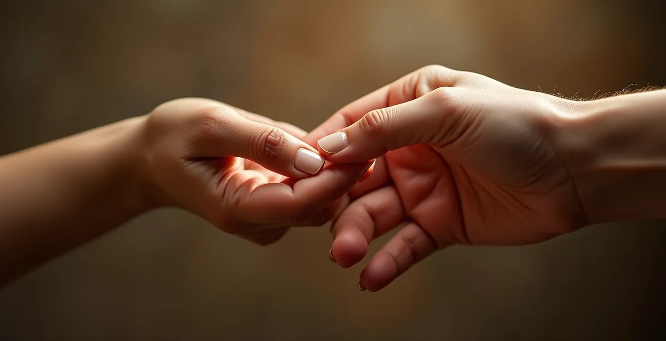 Makroaufnahme von zwei sich berührenden Händen mit Fokus auf Hautstruktur