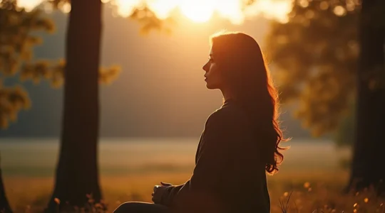 Ein Moment der emotionalen Reflexion und inneren Klarheit, symbolisiert durch eine Person in einer Landschaft in Übergangslicht