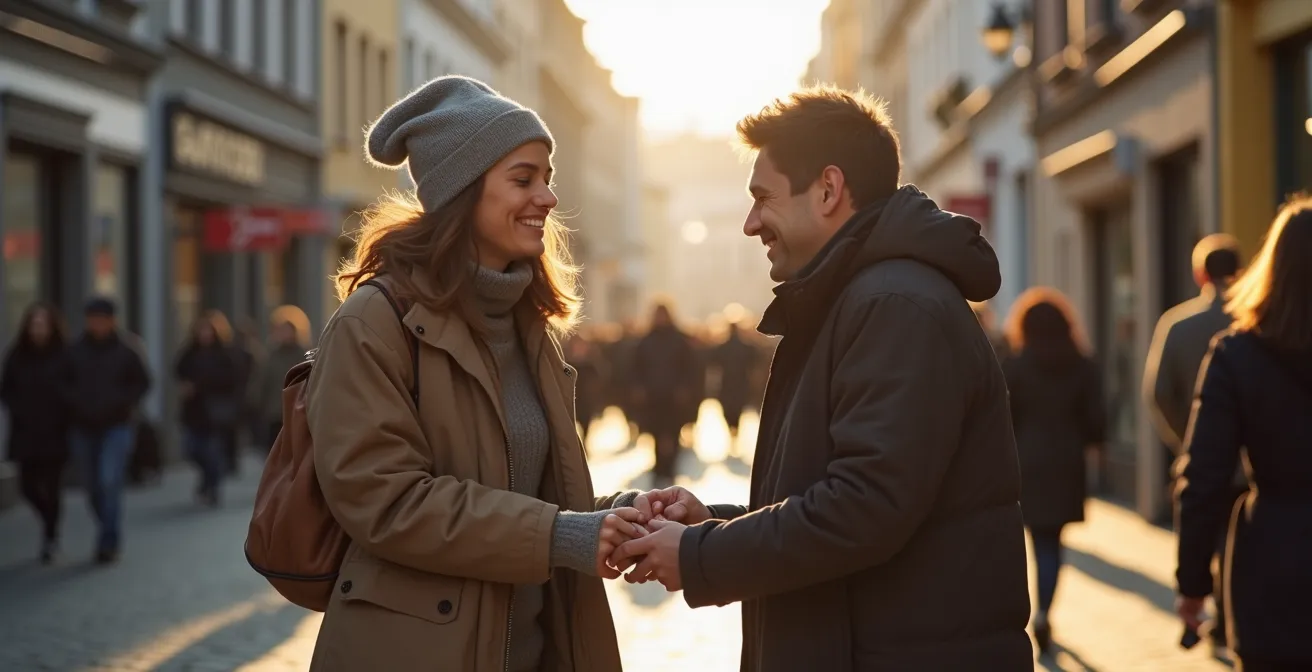 Zwei Menschen teilen einen warmen Moment der Hilfsbereitschaft im städtischen Raum