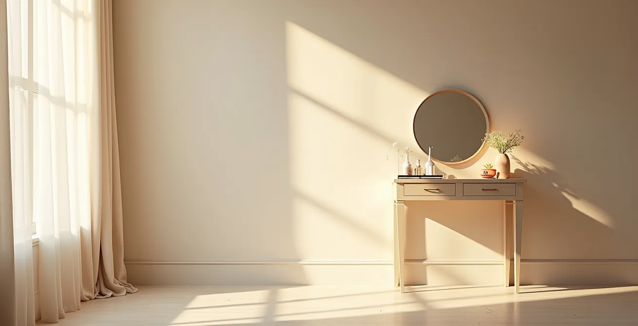 Morgenlicht durchflutet einen intimen Ankleidebereich mit achtsam drapierten Dessous