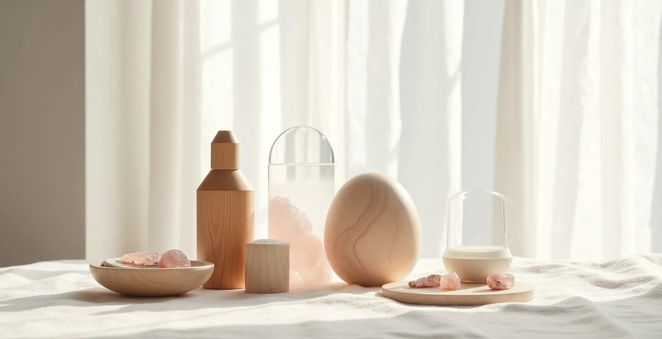 Ästhetische Präsentation nachhaltiger Sextoys aus verschiedenen Naturmaterialien