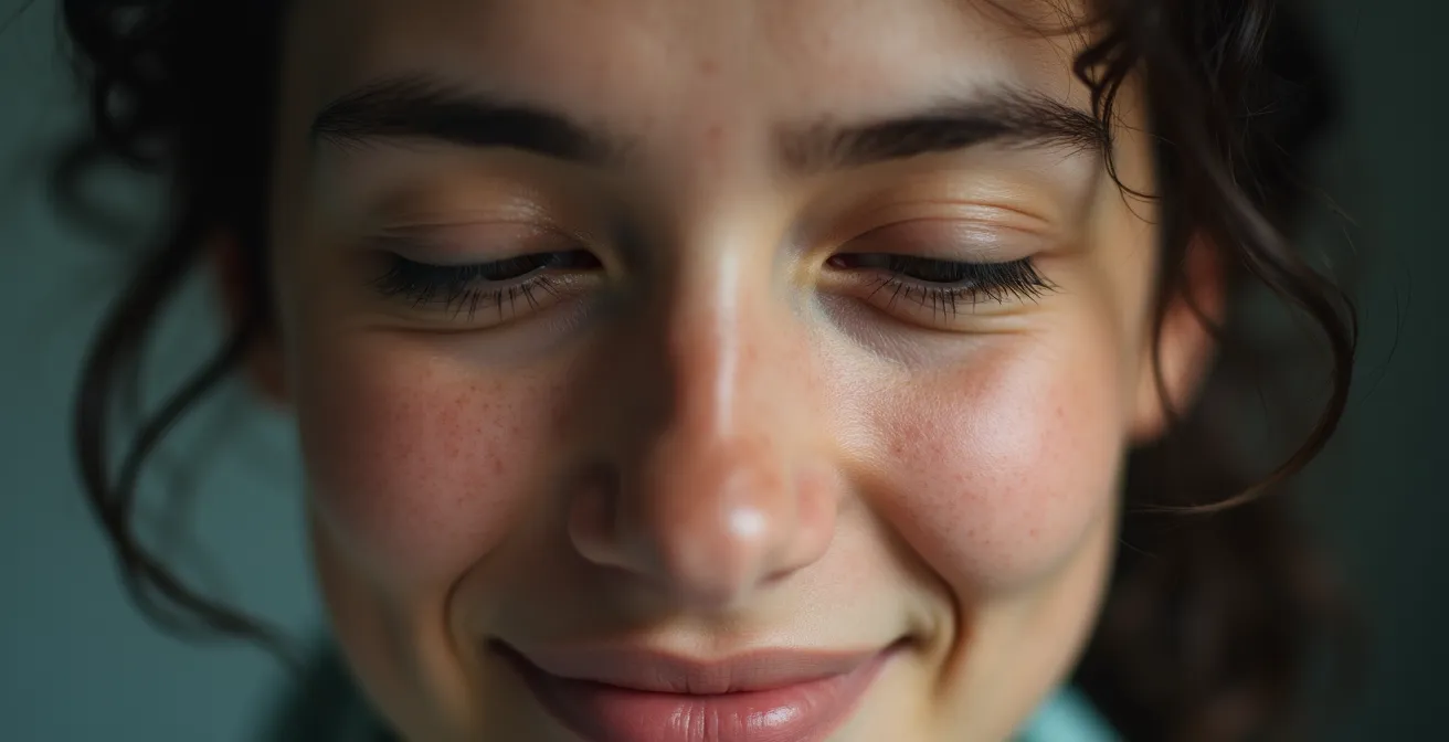 Ein Mensch, der mit geschlossenen Augen meditiert, allmählich zu einem offenen, präsenten Gesichtsausdruck mit direktem Blick